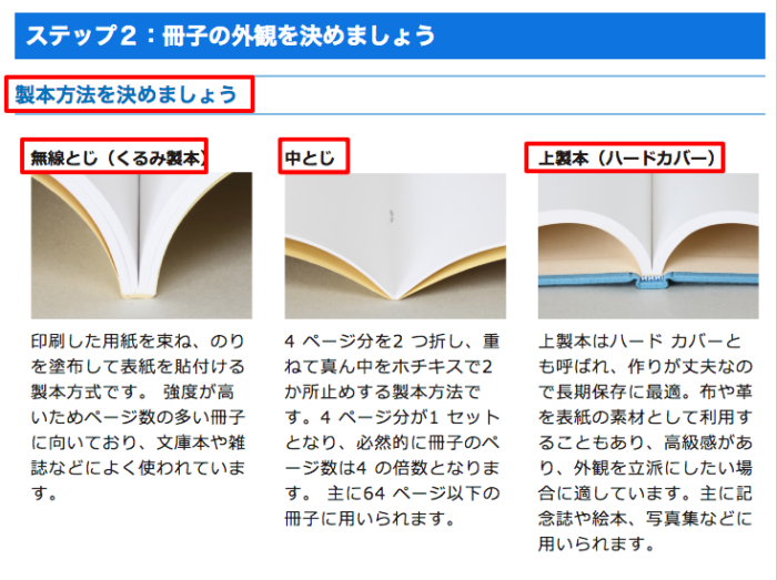製本方法が写真付きの説明で一目瞭然。